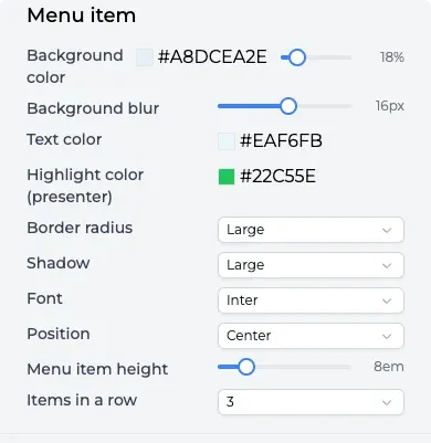 Menu item settings: colors, font, corner radius, height, items in a row