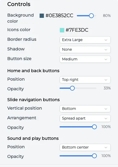 Controls settings: button size, position, opacity