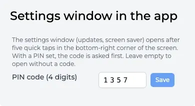 Settings window in the app block with the PIN field