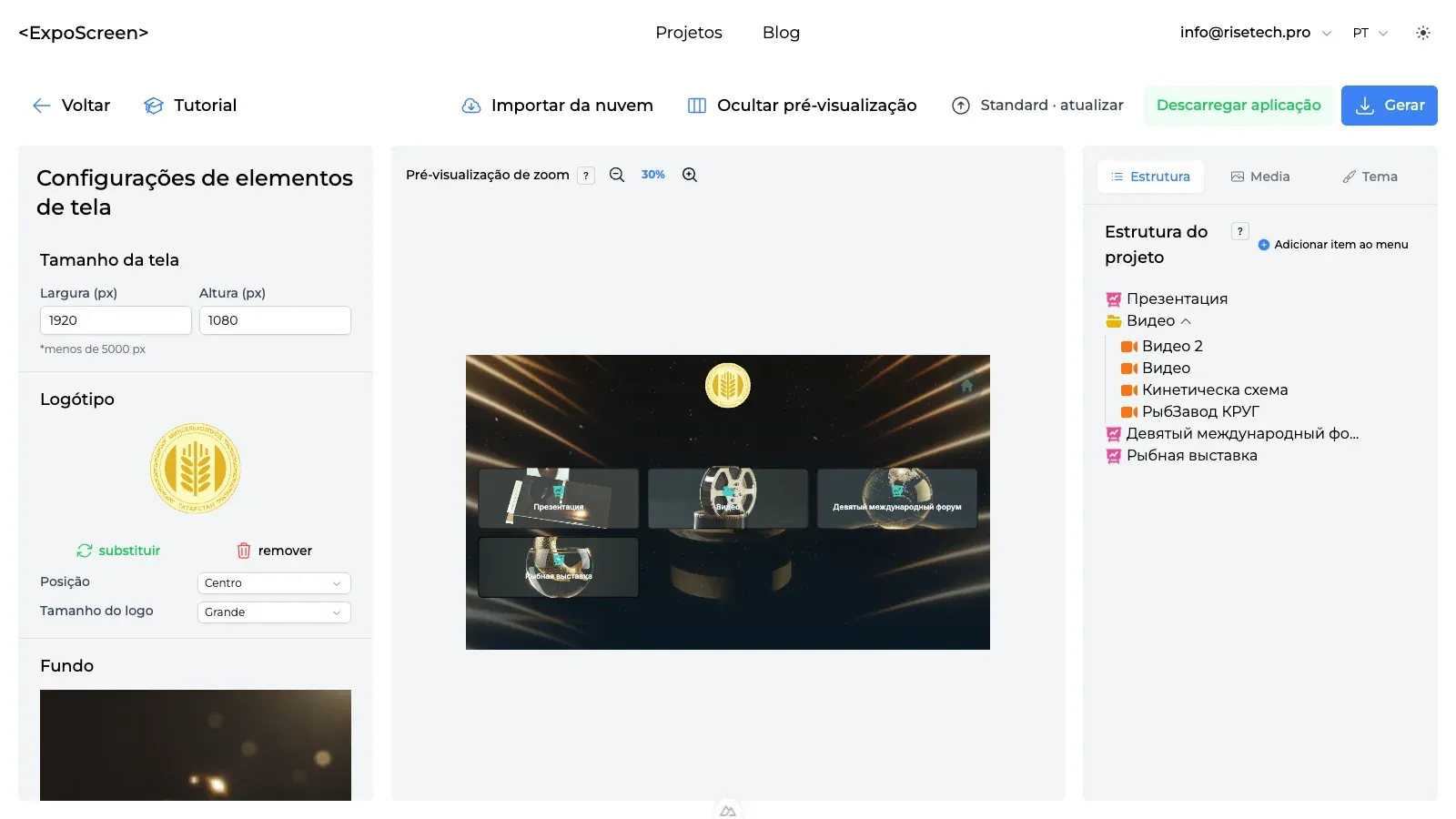 Editor do projeto: definições à esquerda, pré-visualização ao centro, separadores Estrutura, Media e Tema à direita