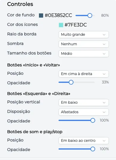 Definições dos controlos: tamanho, posição, opacidade dos botões