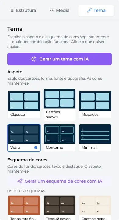 Separador Tema: galerias Aspeto e Esquema de cores