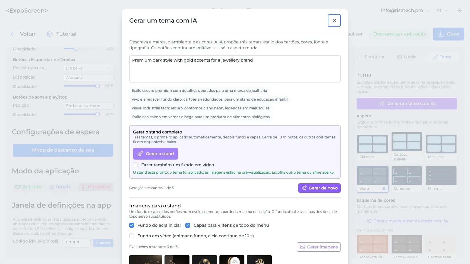 Janela Gerar um tema com IA: descrição, variantes de tema, imagens para o stand