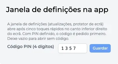 Bloco Janela de definições na app com o campo do PIN